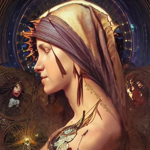 Image similar to Virgin Mary, facial tattoos, artists portrait, biomechanical, heaven, fantasy, highly detailed, digital painting, concept art, sharp focus, depth of field blur, illustration, art by artgerm and greg rutkowski and alphonse mucha