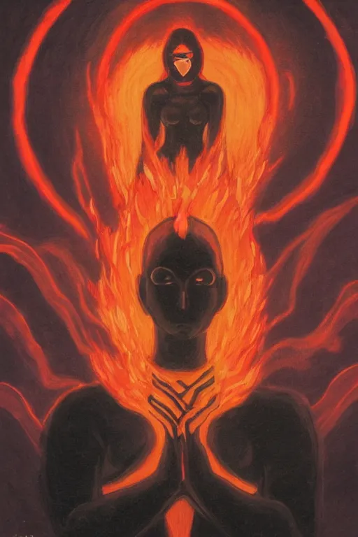 Image similar to Woman made of black flames, wearing a strict business suit, with no face, with glowing red eyes, with a red halo over her head, by Annie Swynnerton and Nicholas Roerich, madness combat, strong dramatic cinematic lighting , blood red sky, grey skin, smooth, sharp focus, extremely detailed