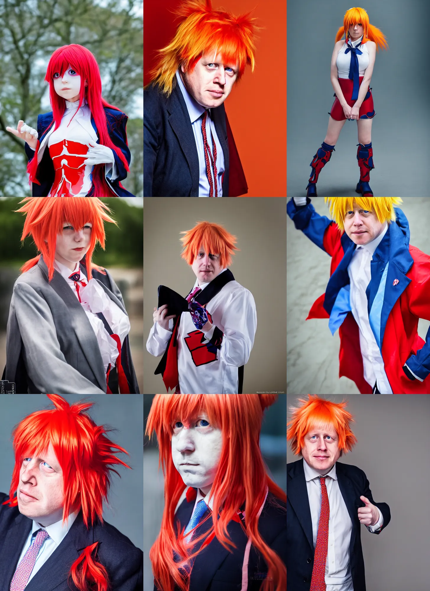 Prompt: boris johnson cosplaying as asuka langley, anime convention, portrait photography, high quality, detailed, sigma 8 5 mm