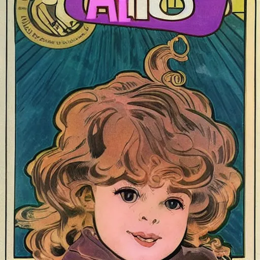 Image similar to a cute little girl with a mischievous face and short brown wavy curly hair sitting on top of a tall pile of books. well composed, clean elegant painting, beautiful detailed face. comic book art by steve ditko and jack kirby and ( alphonse mucha )