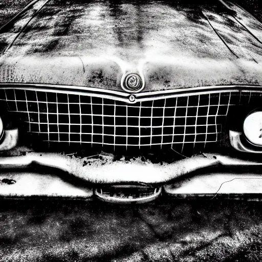 Image similar to black and white press photograph of a rusted abandoned buick riviera on an empty abandoned city street, full view, detailed, natural light, mist, film grain, soft vignette, sigma 5 0 mm f / 1. 4 1 / 1 0 sec shutter, imax 7 0 mm footage