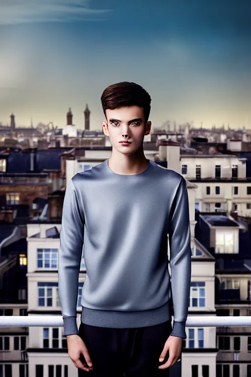 Image similar to un ultra high definition studio quality photographic art portrait of a young man standing on the rooftop of a british apartment building wearing soft padded silver pearlescent clothing. three point light. extremely detailed. golden ratio, ray tracing, volumetric light, shallow depth of field. set dressed.