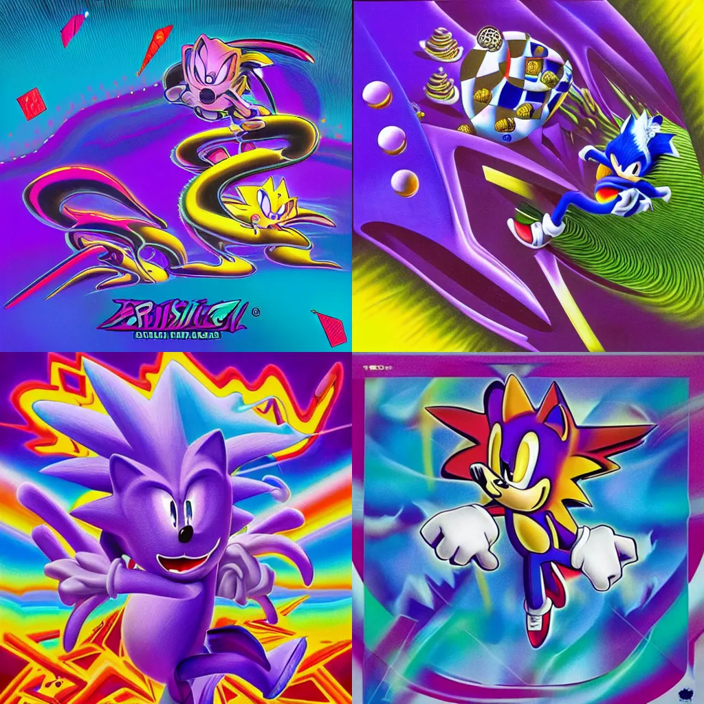 Prompt: surreal, sharp, detailed professional, high quality airbrush art MGMT album cover of a liquid dissolving LSD DMT sonic the hedgehog, purple checkerboard background, 1990s 1992 Sega Genesis video game album cover