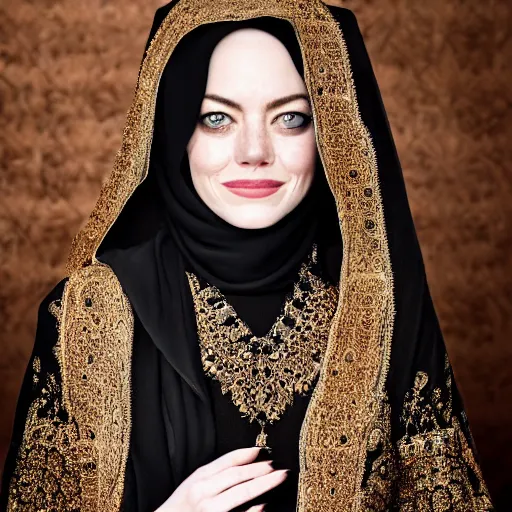 Image similar to A portrait of Emma Stone wearing Black Arabian Abaya, high quality, fully detailed, 4k