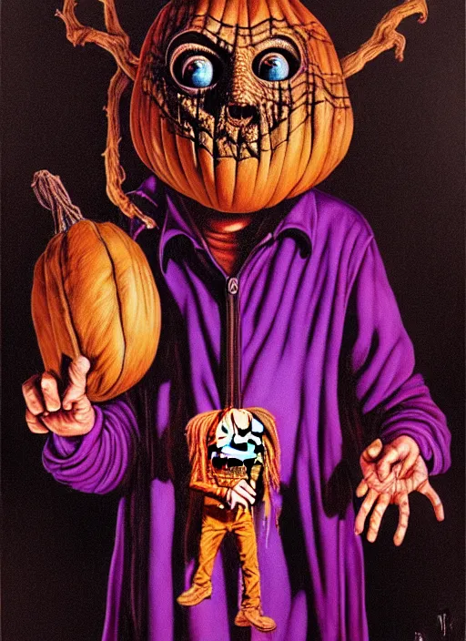 Prompt: highly detailed portrait of Sam from Trick R Treat, by John philip falter , 4k resolution, creepshow inspired, tales from the crypt inspired, vibrant but dreary but upflifting purple, black and orange color scheme!!! ((Haunted house))