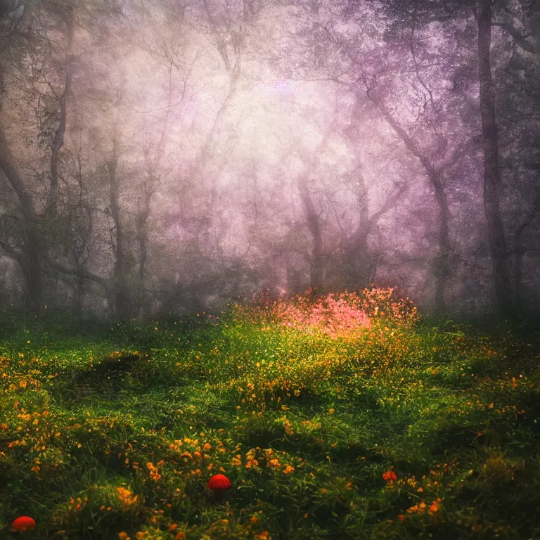 Image similar to a planet of various fungus like trees, mushrooms, flowers and plants, artistic photography, conceptual, long exposure outside the city, volumetric light