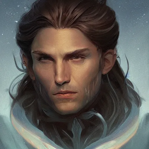 Prompt: bioluminescence portrait of a male wizard of the ice, muscle, D&D, fantasy, elegant, pale, highly dvetailed, digital painting, artstation, concept art, smooth, sharp focus, illustration, art by artgerm and greg rutkowski and alphonse mucha