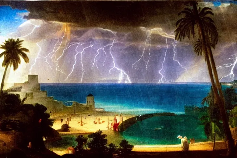 Prompt: mediterranean balustrade, refracted lightnings on the ocean, thunderstorm, greek pool, beach and Tropical vegetation on the background major arcana sky and occult symbols, by paul delaroche, hyperrealistic 4k uhd, award-winning, very detailed paradise