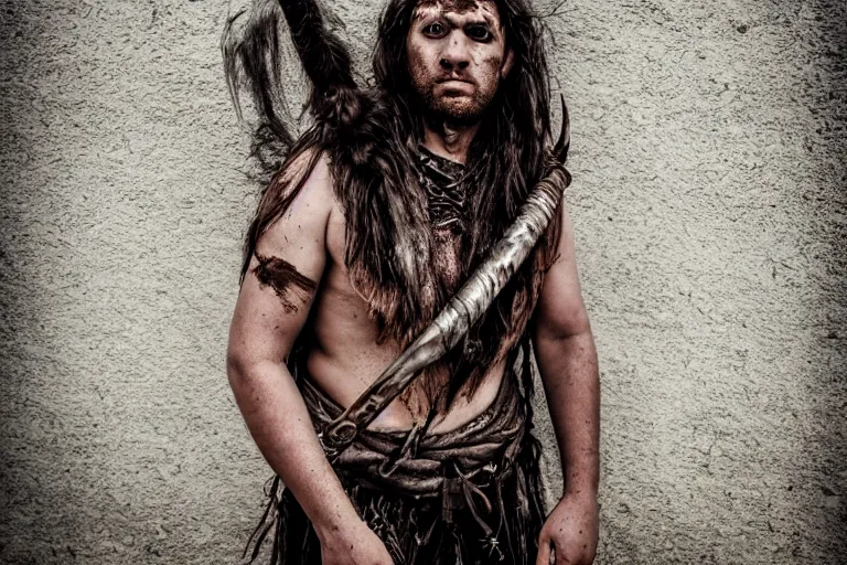 Prompt: character and environment photography, portrait shamanistic infested 3 0 - year - old male barbarian, messy hair, old tattered armor, medium shot, wide angle, 2 0 0 px, full front, natural light