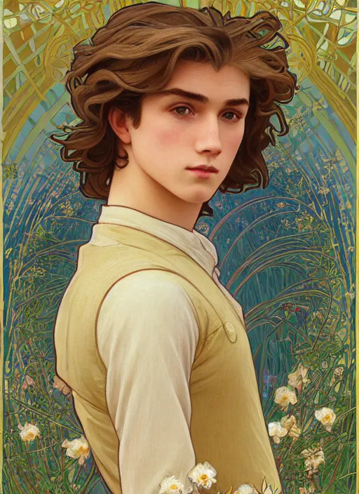 Image similar to pretty young man with shoulder length shiny shimmering golden blond hair, half body shot, emotional, decorative flower patterned background, path traced, highly detailed, high quality, digital painting, by studio ghibli and alphonse mucha, leesha hannigan, hidari, disney, jules bastien - lepage, art nouveau