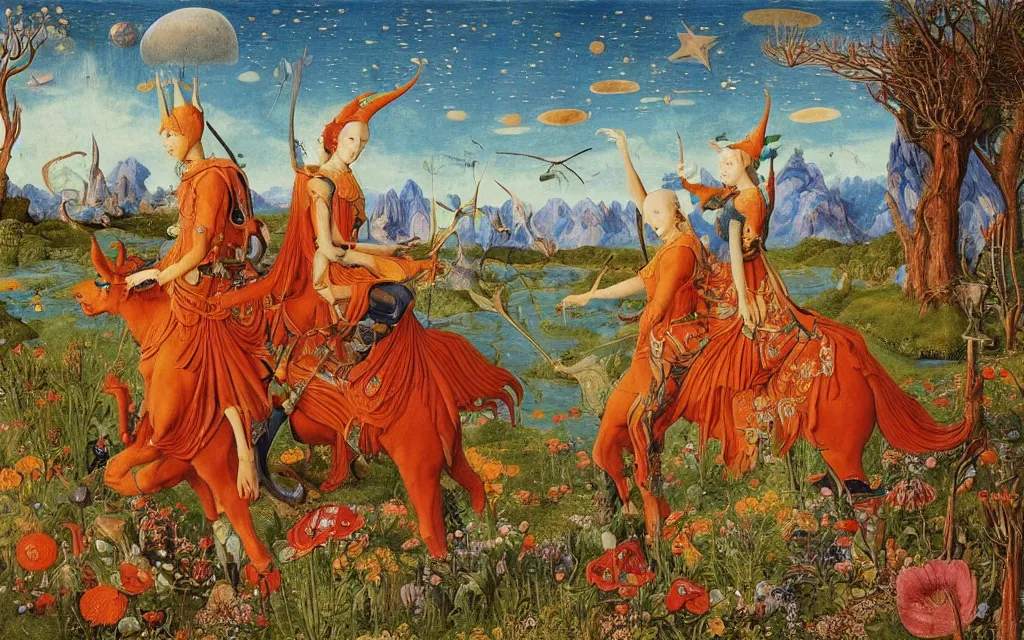 Image similar to a portrait photograph of a meditating elf and a centaur monk riding a rocket machine and hunting at a river delta. surrounded by bulbous flowers and trees. mountain range under a blue sky of fiery stars. by jan van eyck, max ernst, ernst haeckel, ernst fuchs and artgerm, cgsociety, fashion editorial, 8 k