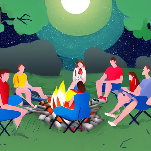 Image similar to group of teenagers sitting around a campfire, realistic, night