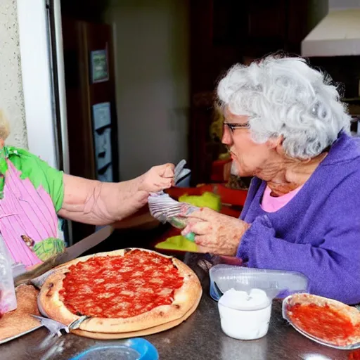 Prompt: grandmas smashing their faces together with pepperoni pizza, sloppy garlic sauce, in a hoarder house