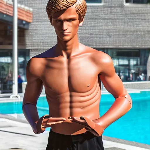 Image similar to a realistic detailed photo of a guy who is an attractive humanoid who is half robot and half humanoid, who is a male android, soccer player martin ødegaard, shiny skin, posing like a statue, blank stare, by the pool, on display, showing off his muscles, humanoid robot, frozen ice statue