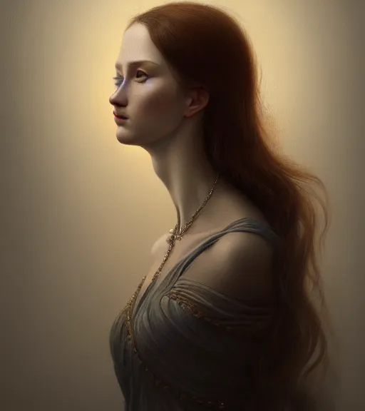 Prompt: portrait of a woman in heightened detail, poised, intense emotion, detailed facial expression, detailed surroundings, intricate, elegant, highly detailed, centered, digital painting, artstation, concept art, smooth, sharp focus, illustration, by ( leonardo da vinci ), wlop