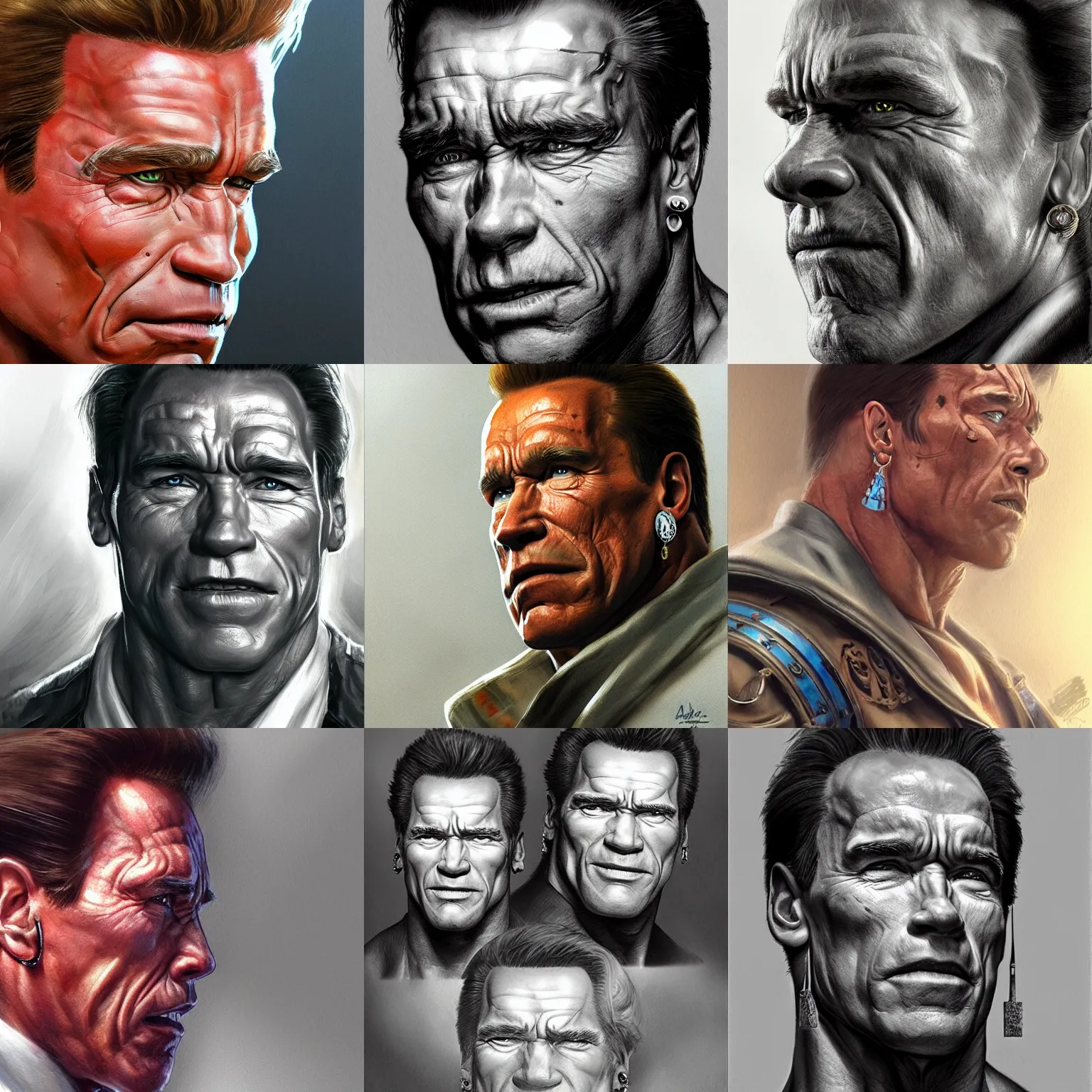 Prompt: schwarzenegger with earrings, highly detailed, artstation, concept art, sharp focus, john howe, briclot, rutkowski