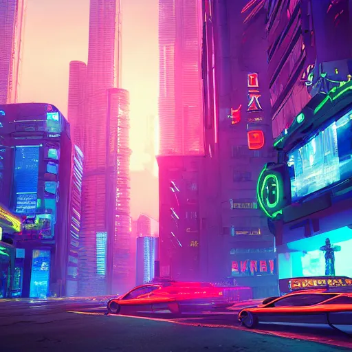 Image similar to Neon cyberpunk cityscape of Toronto with flying cars and advertisement screens, Blender 3D, Unreal Engine, 8k, by Jordan Grimmer and Andrea Pozzo