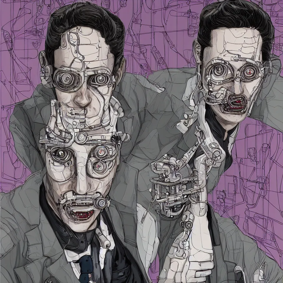 Prompt: A portrait of one! latino mad scientist male with cyborg face looking at the camera with a queasy smile!!, wearing a black suit under a white laboratory coat, in a mixed style of Botticelli and Æon Flux!!, inspired by Simon Stålenhag paintings, and cyberpunk!!!, stunningly detailed, stunning inking lines, flat colors, 4K photorealistic