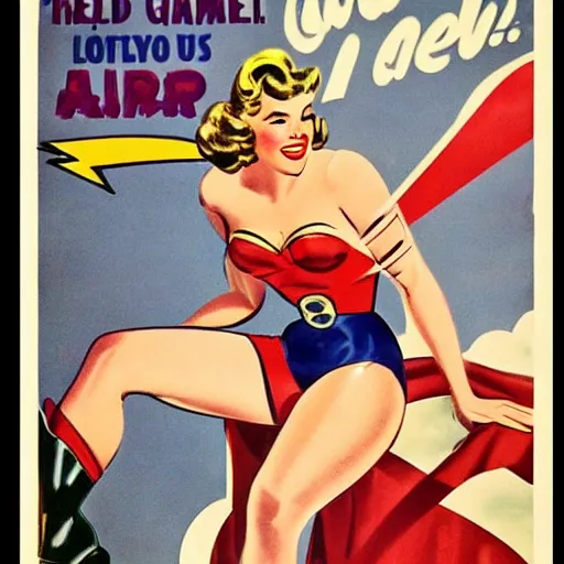 Prompt: woman super hero pin up poster, 1940s photo real, dramatic lightning, highly detailed, high quality, HD