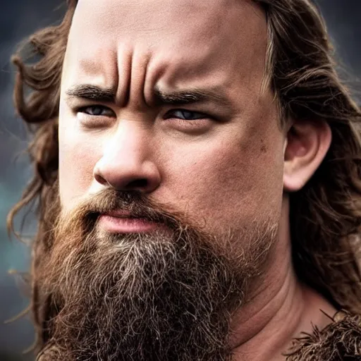 Prompt: hyperrealistic photograph of a brown-haired viking Tom Hanks, 8k, profile picture, cinematic, high contrast, epic real fantasy, stoic facial expression, looking at the camera