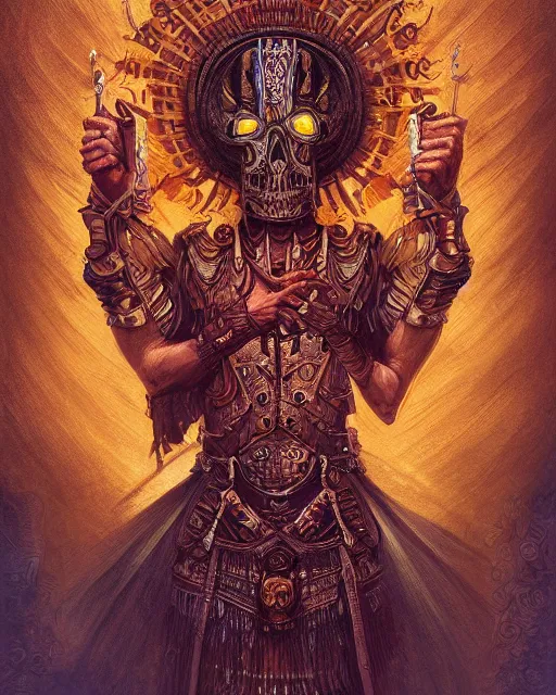 Image similar to digital painting of supay, incan god of death, by filipe pagliuso and justin gerard, symmetric, fantasy, highly detailed, realistic, intricate, sharp focus, tarot card