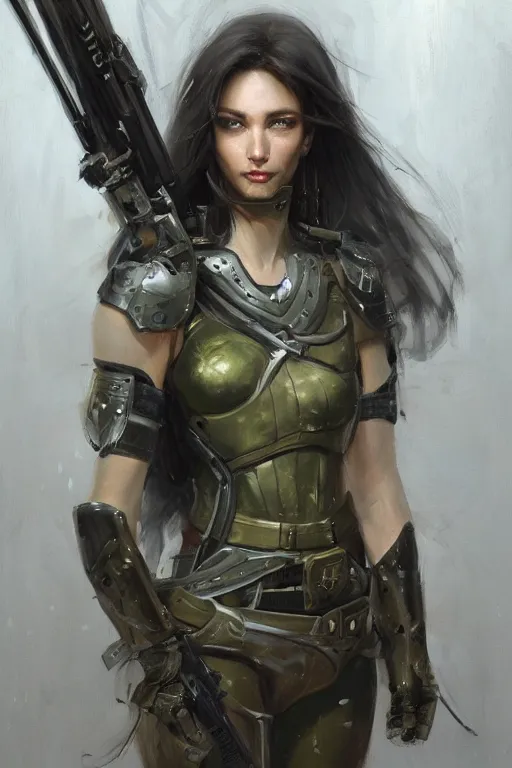 Prompt: a professionally painted portrait of an attractive young woman, clothed in military armor, olive skin, long dark hair, beautiful bone structure, symmetrical facial features, intricate, elegant, digital painting, trending on Artstation, concept art, smooth, sharp focus, illustration, from Metal Gear by Ruan Jia and Mandy Jurgens and Artgerm and William-Adolphe Bouguerea, award winning