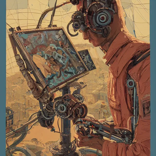 Prompt: robot artist painting a self - portrait on a canvas. intricate, highly detailed, digital matte painting, in the style of alexandros pyromallis, and in the style of sachin teng, and in the style of hans thoma, and in the style of frank kelly freas. irony, recursion, inspiration.