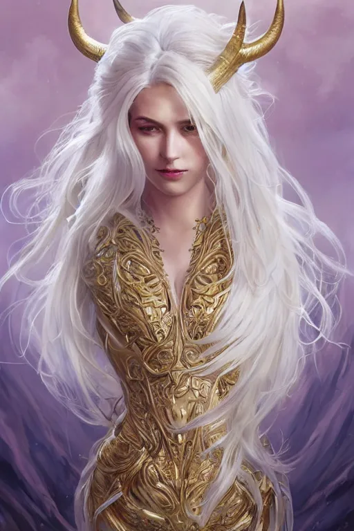 Prompt: fullbody!! of a beautiful woman with white hair, big natural horns on her head, long flowing intricate dress, gold jewellery, dnd, face, fantasy, intricate, elegant, highly detailed, digital painting, artstation, concept art, smooth, sharp focus, illustration, art by artgerm and greg rutkowski and alphonse mucha