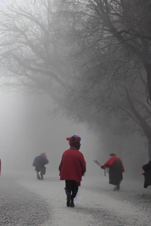 Prompt: a group of clowns walking down a long dark foggy alley the are carrying sticks. fog,