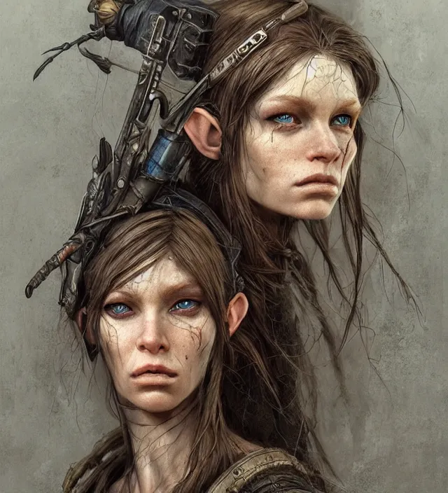 Image similar to hyper realistic portrait of postapocalyptic elf woman, cinematic, symmetrical face, dark crystal, artstation, cgsociety, alan lee, brian froud jean baptiste monge, scott radke