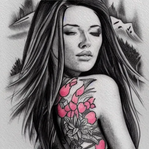 Image similar to tattoo design sketch of a beautiful girl against a beautiful mountain scenery, hyper realistic