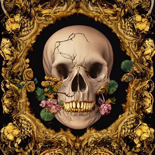 Image similar to a beautiful detailed front view baroque portrait of a rotten woman corpse becoming almost a skull with fractal plants and fractal flowers and mushrooms growing around, intricate, ornate, volumetric light, beautiful lit, polaroid photography