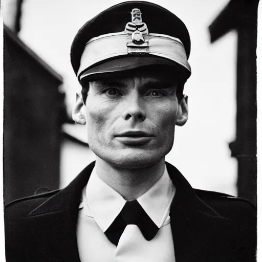 Prompt: cillian murphy in a world war ii uniform, black and white film photography, realistic face, cabinet card, 2 5 mm lens, cinematography by roger deakins