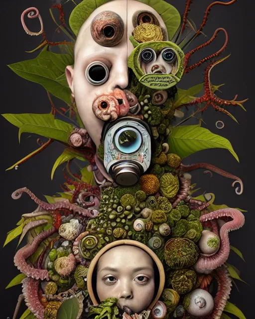 Prompt: a biomorphic portrait with with large eyes, expressive, wearing a botanical gas mask by arcimboldo, baroque painting by ayami kojima, mark ryden, cephalopod, mixed media 3 d collage, focus on head, soft light, 4 k, octane high quality render