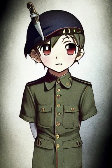 Prompt: beautiful little boy in nazi male uniform. made in abyss art style, sharps focus, pose, cute detailed artwork, anatomically correct, ilya kuvshinov, reflection, perfect composition, mobile wallpaper, digital art, detailed anime soft face, symmetrical face, western comic, illustration, realistic, smooth, lois van baarle, soft details