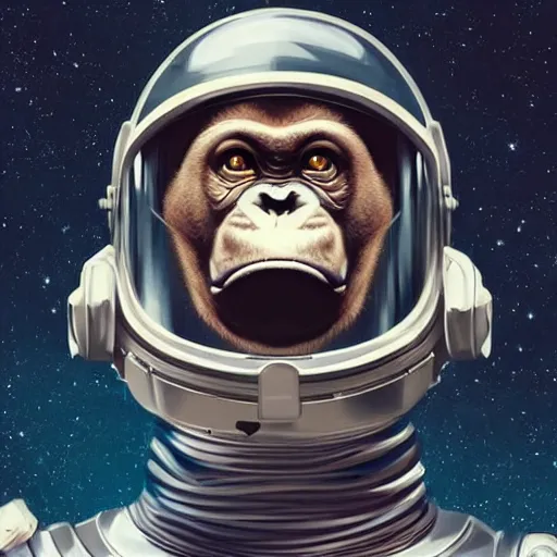 Prompt: chimpanzee face, spacesuit, astronaut, beautiful, male, exoskeleton, fit, helmet, full body, photorealistic, proud