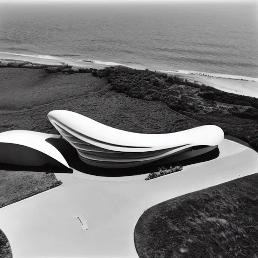 Image similar to architecture ad for a mid-century modern house by the beach, designed by Zaha Hadid. Shell. Aerial view. Film grain, cinematic, colorized, yellow hue