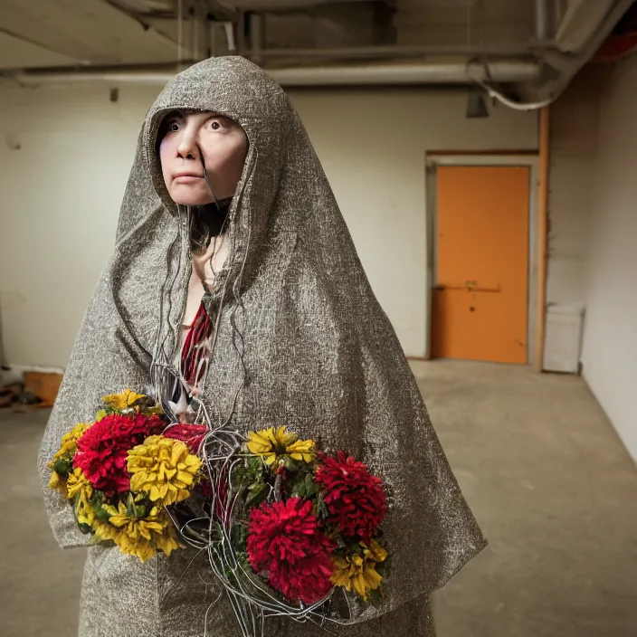 Prompt: a woman wearing a hood made of wire and zinnias, in an abandoned office building, by jan van eyck, canon eos c 3 0 0, ƒ 1. 8, 3 5 mm, 8 k, medium - format print