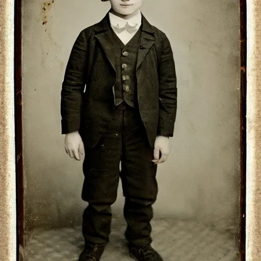 Image similar to daguerreotype ambrotype of sadie sink as a boy in oversized suit, highly detailed,