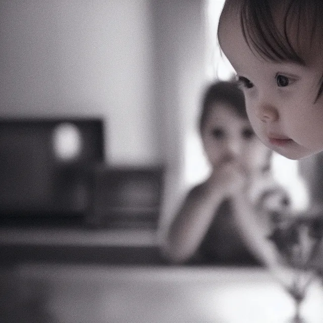 Image similar to a cute little girl in the center of a clean room, static, centered focus, bleak lighting, obscure, low quality TV video effect, photography, footage