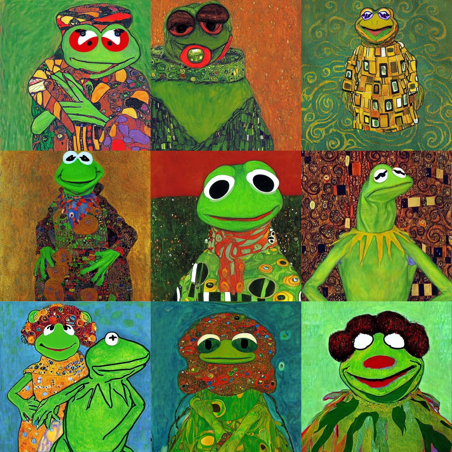 Prompt: A portrait of Kermit the Frog painted by Gustav Klimt