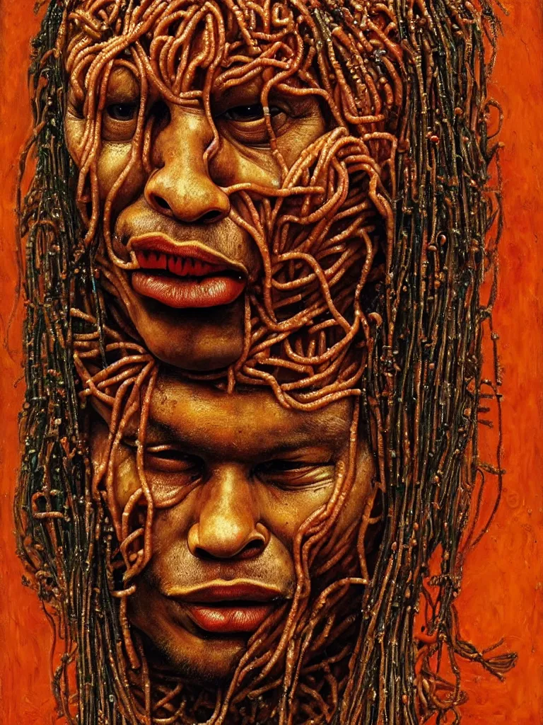 Image similar to virgil van dijk made of spaghetti, by giuseppe arcimboldo and ambrosius benson, renaissance, intricate and intense oil paint, a touch of beksinski and hr giger and edward munch, realistic