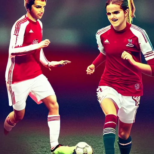 Image similar to emma watson as lokomotiv football player, hyper realistic, highly detailed