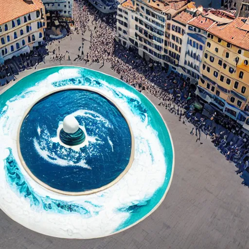 Image similar to A white and blue marble sculpture of The Great Wave off Kanagawa in the middle of an Italian piazza, midday, 4k photograph, sunny day, long shot, overhead view, far away