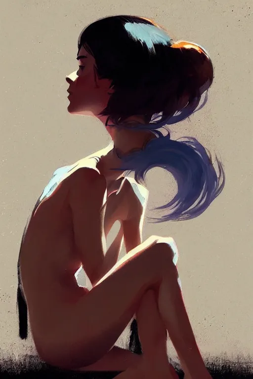 Image similar to a ultradetailed beautiful painting of a stylish woman sitting on the floor of a tiled room, by greg rutkowski, conrad roset, and ilya kuvshinov trending on artstation