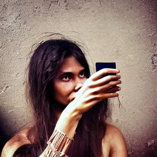 Prompt: “ a primitive pre human woman Neanderthal posing for a photo with an iPhone in a trending fashion way, anthropology photography, National Geographic ”