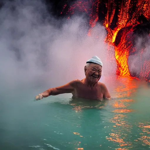 Prompt: elderly man swimming in a lava flow, smiling, happy, volcano, hot, eruption, magma, lava, canon eos r 3, f / 1. 4, iso 2 0 0, 1 / 1 6 0 s, 8 k, raw, unedited, symmetrical balance, wide angle