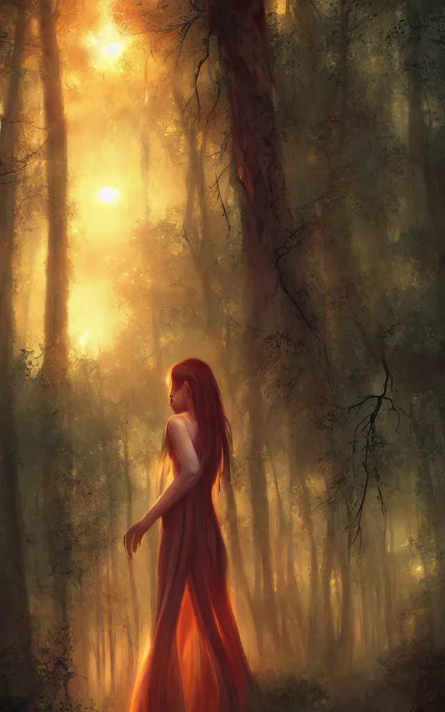 Image similar to sunset in the forest, by charlie bowater