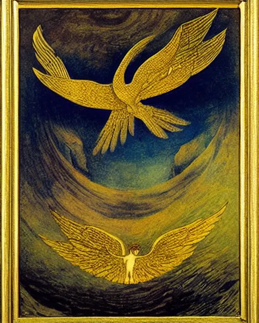 Prompt: calibri bird flies over the abyss Gustav Kilmt, symbolist, gold leaf, 1908