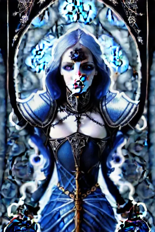 Image similar to beautiful luxury and gothic and victorian and evil medieval female blue & white color armor knight portrait+smoky eyes+light flowing hair, in ruin gothic cathedral, ultradetail face, art and illustration by tian zi and craig mullins and WLOP and alphonse mucha, fantasy, intricate complexity, human structure, fantasy world concept, watermark, blurry, hyperrealism 8k